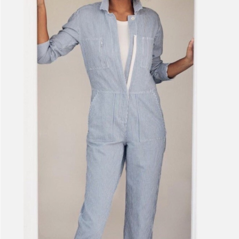 Outerknown Blue Engineer Railroad Striped Jumpsuit EUC